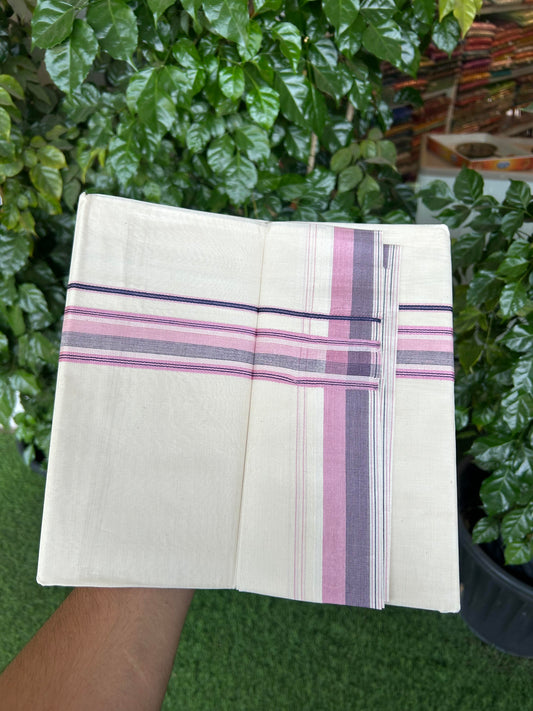 20% Discount ! KaithariKada Balaramapuram 100% Cotton Double Off White (Unbleached) - Mundu / Dhoti- 100x80 -  1.5 inch Pink & Navy Blue Shaded Striped Kara 4 mtr (8.5 Muzham) - 12 KK5363 VIN
