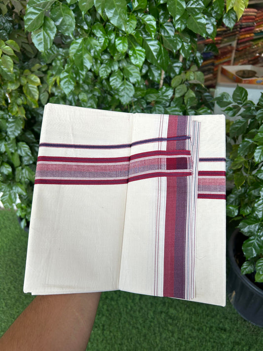 20% Discount ! KaithariKada Balaramapuram 100% Cotton Double Off White (Unbleached) - Mundu / Dhoti- 100x80 -  1.5 inch Navy Blue & Light Maroon Shaded Striped Kara 4 mtr (8.5 Muzham) - 16 KK5363 VIN