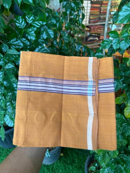 Handloom Single Hallmarked - 10% Discount !! KaithariKada 100% Pure Cotton - Mundu/Dhoti 1.5 inch White & Violet shaded striped Kara with Kavi colour Body - (2 meter / 4 muzham) - 34 KK8032 ELA