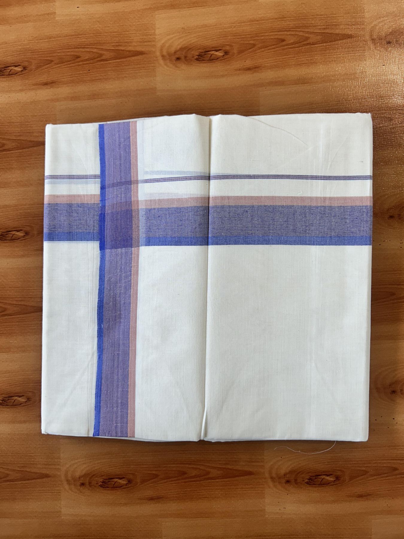 Double Off White (Unbleached) Mundu/Dhoti - 20% Discount! KaithariKada Pure Cotton - 100X80 - 1.5 inch Lavender Blue & Peach Shaded Striped Kara 4 mtr (8.5 Muzham) - 78 KK5452 THI
