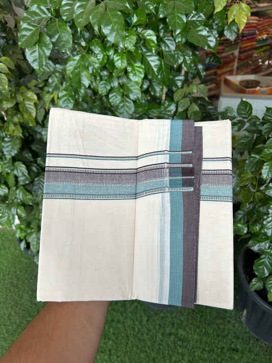 20% Discount ! KaithariKada Balaramapuram 100% Cotton Double Off White (Unbleached) - Mundu / Dhoti- 100x80 -  1.5 inch Brown & Turquoise Green Shaded Striped Kara 4 mtr (8.5 Muzham) - 18 KK5363 VIN