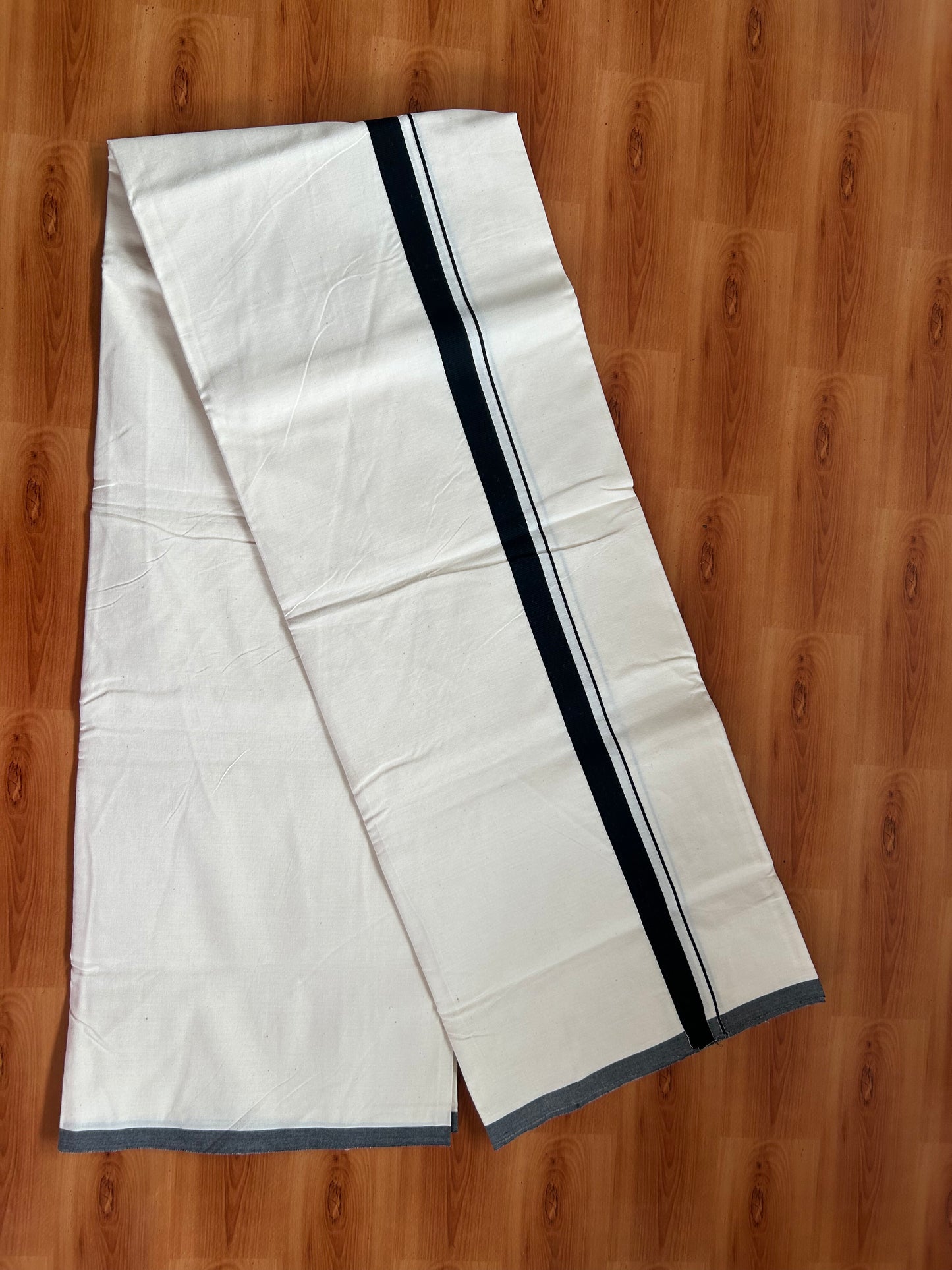 20% Discount ! KaithariKada Balaramapuram 100% Cotton Single Off White - (Unbleached) Mundu/Dhoti-Twisted 100s Thread- 0.75 inch Black Kara (2 meter / 4 muzham)  - 11 KK5381 ASH