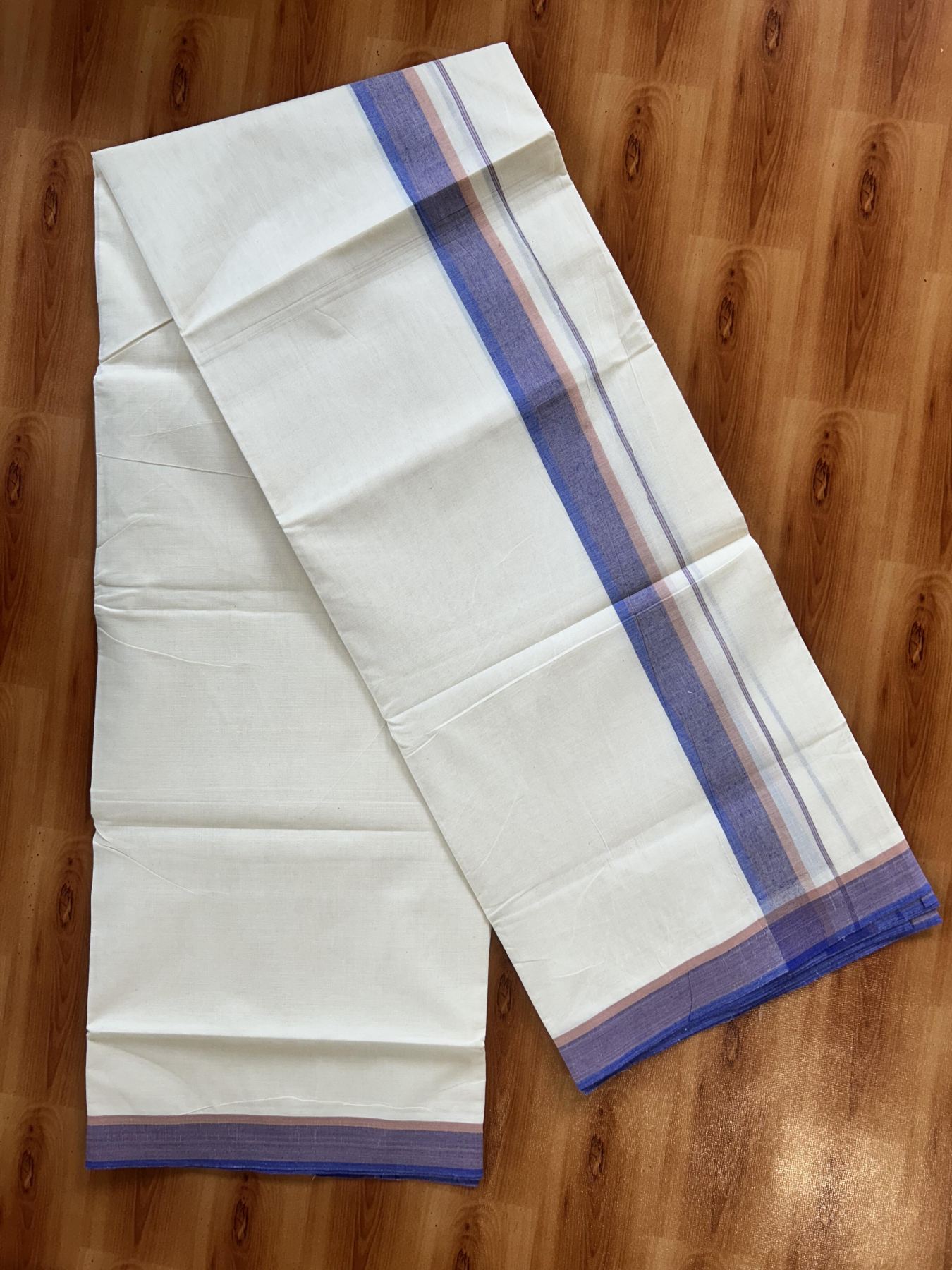 Double Off White (Unbleached) Mundu/Dhoti - 20% Discount! KaithariKada Pure Cotton - 100X80 - 1.5 inch Lavender Blue & Peach Shaded Striped Kara 4 mtr (8.5 Muzham) - 78 KK5452 THI