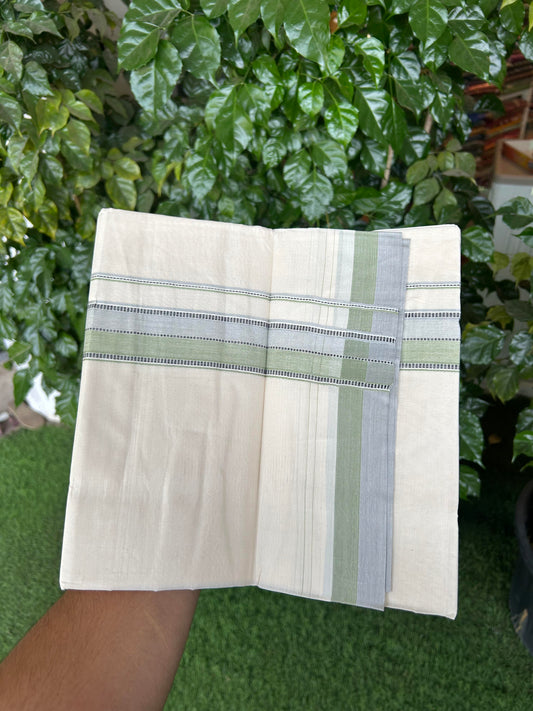 20% Discount ! KaithariKada Balaramapuram 100% Cotton Double Off White (Unbleached) - Mundu / Dhoti- 100x80 -  1.5 inch Black Pastel Green & Grey Shaded Striped Kara 4 mtr (8.5 Muzham) - 17 KK5363 VIN
