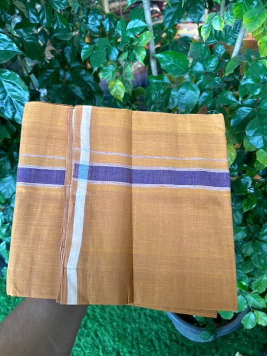 Handloom Single Hallmarked - 10% Discount !! KaithariKada 100% Pure Cotton - Mundu/Dhoti 1 inch Violet & White shaded Kara with Kavi colour Body - (2 meter / 4 muzham) - 36 KK8032 ELA