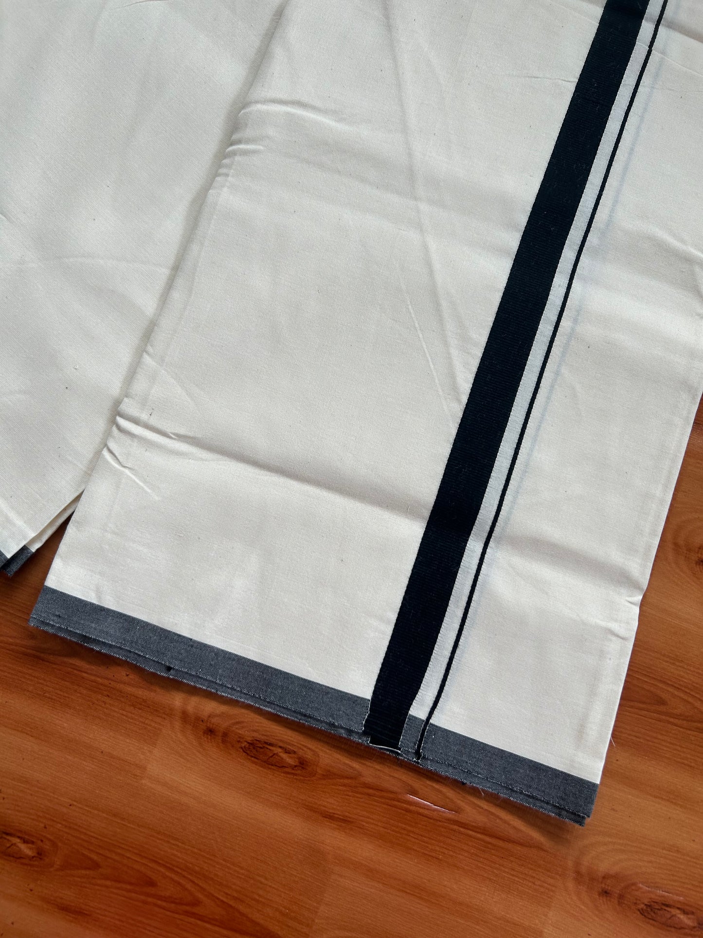 20% Discount ! KaithariKada Balaramapuram 100% Cotton Single Off White - (Unbleached) Mundu/Dhoti-Twisted 100s Thread- 0.75 inch Black Kara (2 meter / 4 muzham)  - 11 KK5381 ASH