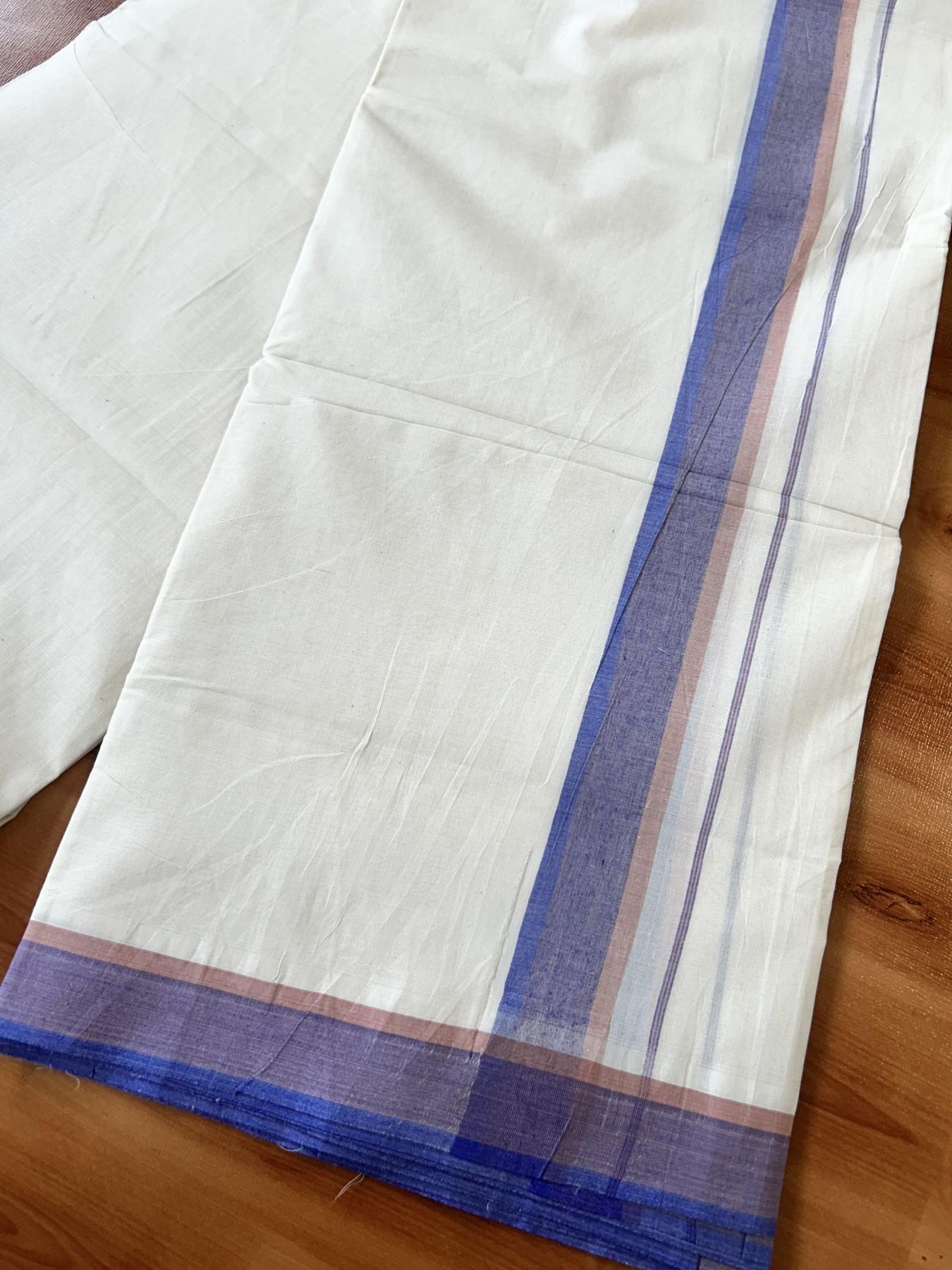 Double Off White (Unbleached) Mundu/Dhoti - 20% Discount! KaithariKada Pure Cotton - 100X80 - 1.5 inch Lavender Blue & Peach Shaded Striped Kara 4 mtr (8.5 Muzham) - 78 KK5452 THI