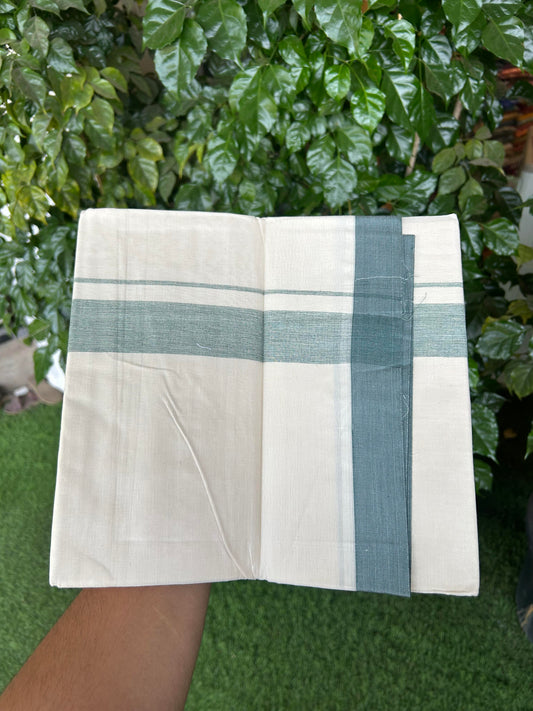 20% Discount ! KaithariKada Balaramapuram 100% Cotton Double Off White (Unbleached) - Mundu / Dhoti- 100x80 -  1.5 inch Green Shaded Kara 4 mtr (8.5 Muzham) - 2 KK5363 VIN