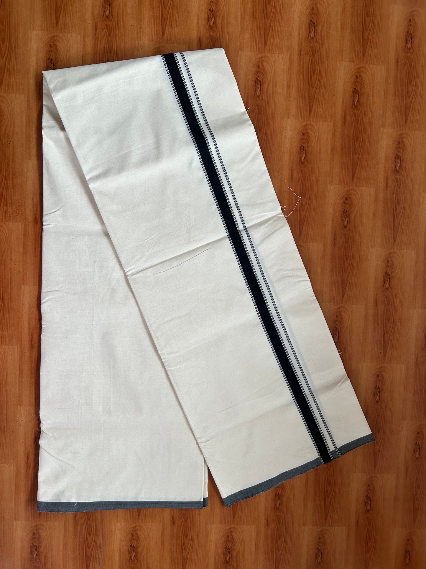 20% Discount ! KaithariKada Balaramapuram 100% Cotton Single Off White - (Unbleached) Mundu/Dhoti-Twisted 100s Thread- 0.75 inch Black Striped Kara (2 meter / 4 muzham)  - 10 KK5381 ASH