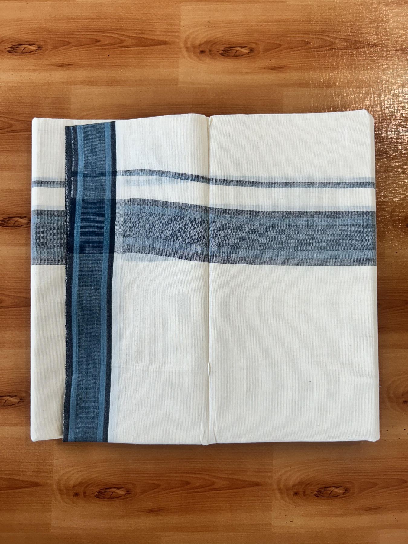 Double Off White (Unbleached) Mundu/Dhoti - 20% Discount! KaithariKada Pure Cotton - 100X80 - 1.5 inch Peacock Blue  & Black Shaded Striped Kara 4 mtr (8.5 Muzham) - 71 KK5452 THI
