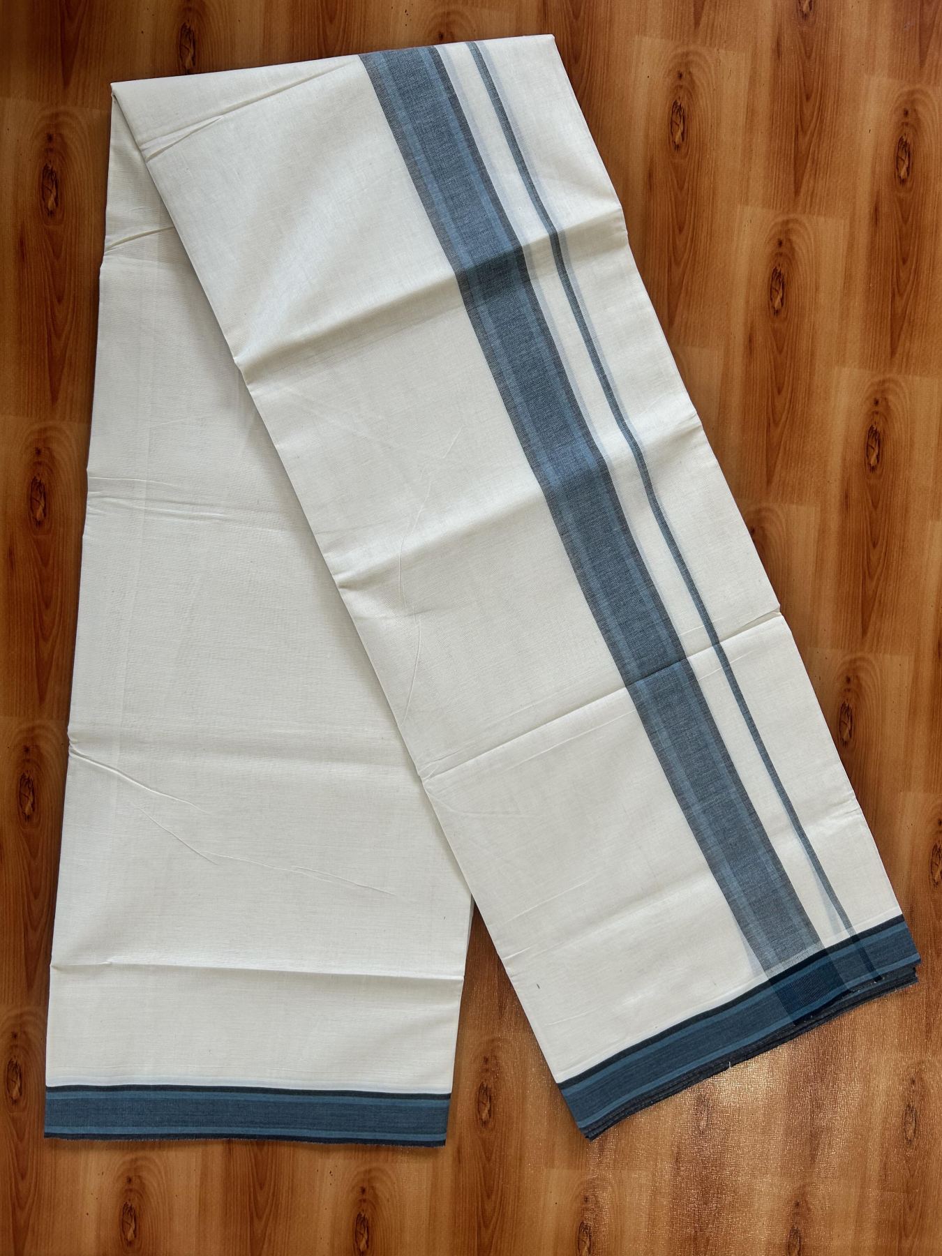 Double Off White (Unbleached) Mundu/Dhoti - 20% Discount! KaithariKada Pure Cotton - 100X80 - 1.5 inch Peacock Blue  & Black Shaded Striped Kara 4 mtr (8.5 Muzham) - 71 KK5452 THI
