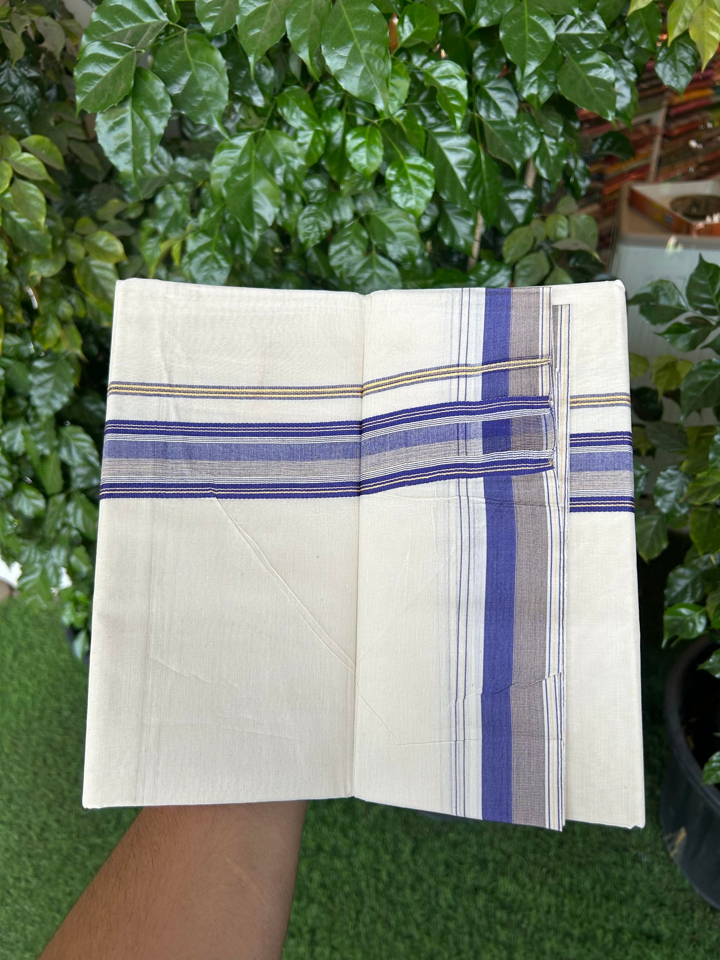 20% Discount ! KaithariKada Balaramapuram 100% Cotton Double Off White (Unbleached) - Mundu / Dhoti- 100x80 -  1.5 inch Violet & Mustard Shaded Striped Kara 4 mtr (8.5 Muzham) - 10 KK5363 VIN