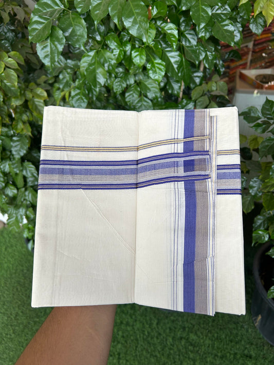 20% Discount ! KaithariKada Balaramapuram 100% Cotton Double Off White (Unbleached) - Mundu / Dhoti- 100x80 -  1.5 inch Violet & Mustard Shaded Striped Kara 4 mtr (8.5 Muzham) - 10 KK5363 VIN