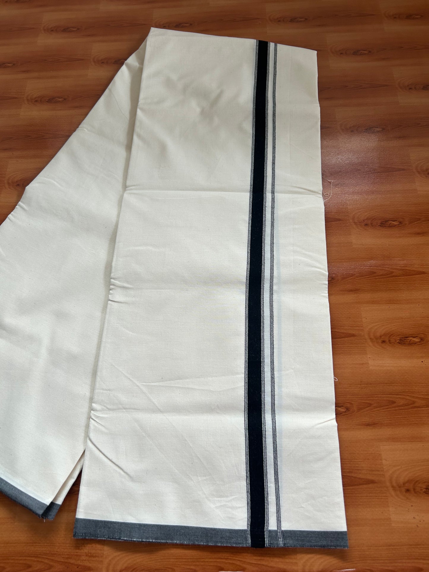 20% Discount ! KaithariKada Balaramapuram 100% Cotton Single Off White - (Unbleached) Mundu/Dhoti-Twisted 100s Thread- 0.75 inch Black Striped Kara (2 meter / 4 muzham)  - 10 KK5381 ASH