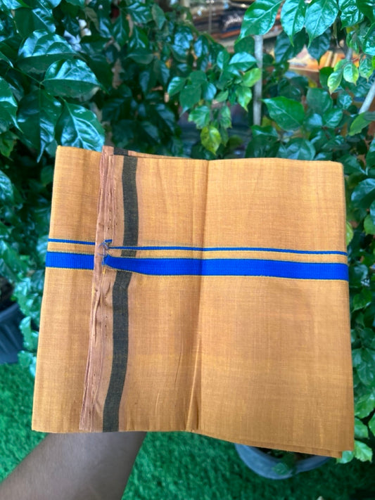 Handloom Single Hallmarked - 10% Discount !! KaithariKada 100% Pure Cotton - Mundu/Dhoti 0.5 inch Blue Kara with Kavi colour Body - (2 meter / 4 muzham) - 29 KK8032 ELA