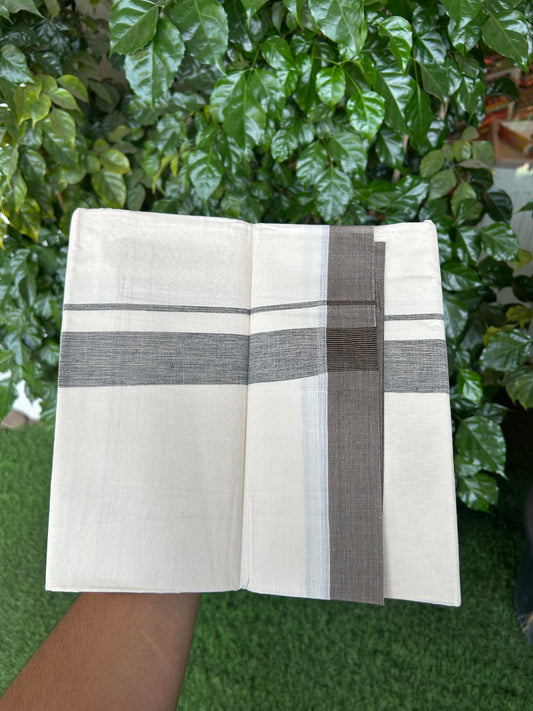 20% Discount ! KaithariKada Balaramapuram 100% Cotton Double Off White (Unbleached) - Mundu / Dhoti- 100x80 -  1.5 inch Brown & Black Shaded Kara 4 mtr (8.5 Muzham) - 6 KK5363 VIN