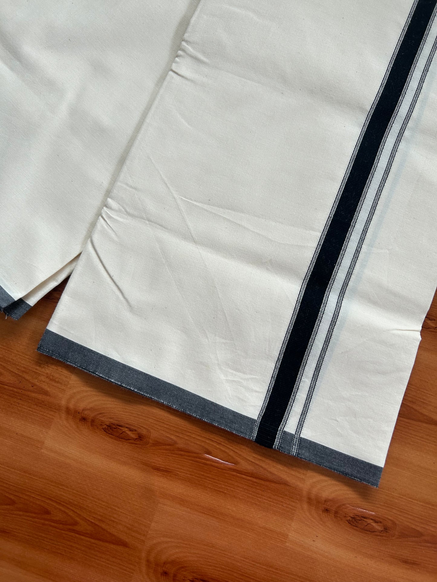 20% Discount ! KaithariKada Balaramapuram 100% Cotton Single Off White - (Unbleached) Mundu/Dhoti-Twisted 100s Thread- 0.75 inch Black Striped Kara (2 meter / 4 muzham)  - 10 KK5381 ASH