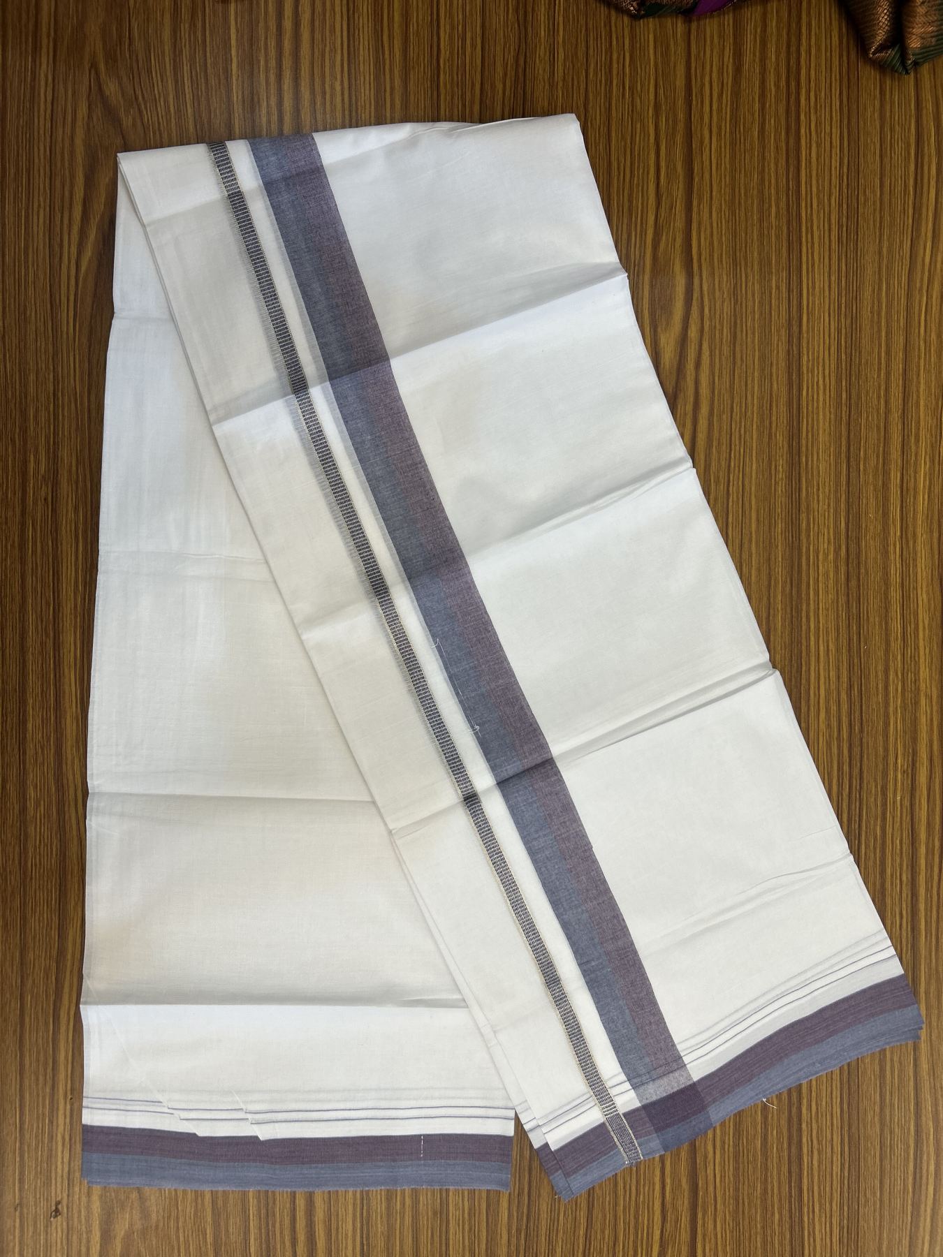 20% Discount! KaithariKada Balaramapuram 100% Cotton Double Pure white Mundu/Dhoti - 100X80 - 1.25 inch Silver Kasav Ash Blue & Purple shaded kara - 4 mtr ( 8.5 muzham) - 91 KK5341 VIN