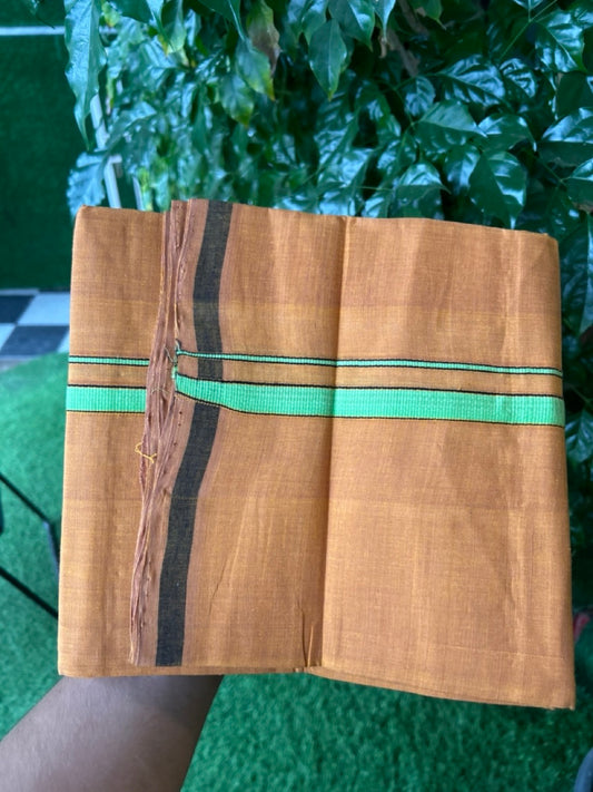Handloom Single Hallmarked - 10% Discount !! KaithariKada 100% Pure Cotton - Mundu/Dhoti 0.5 inch Light Green & Black Kara with Kavi colour Body - (2 meter / 4 muzham) - 25 KK8032 ELA