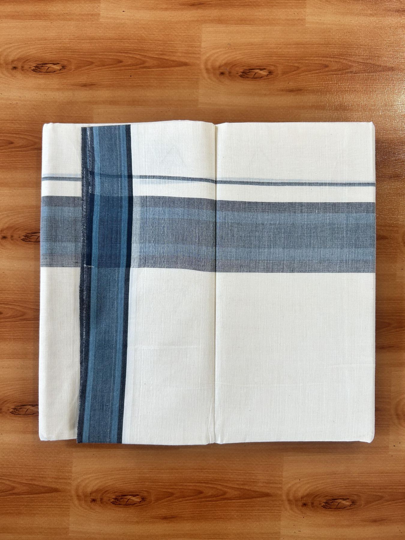 Double Off White (Unbleached) Mundu/Dhoti - 20% Discount! KaithariKada Pure Cotton - 100X80 - 2 inch Peacock Blue  & Black Shaded Striped Kara 4 mtr (8.5 Muzham) - 72 KK5452 THI