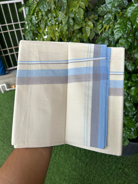 20% Discount ! KaithariKada Balaramapuram 100% Cotton Double Off White (Unbleached) - Mundu / Dhoti- 100x80 -  1.25 inch Blue & Light Brown Shaded Kara 4 mtr (8.5 Muzham) - 8 KK5363 VIN