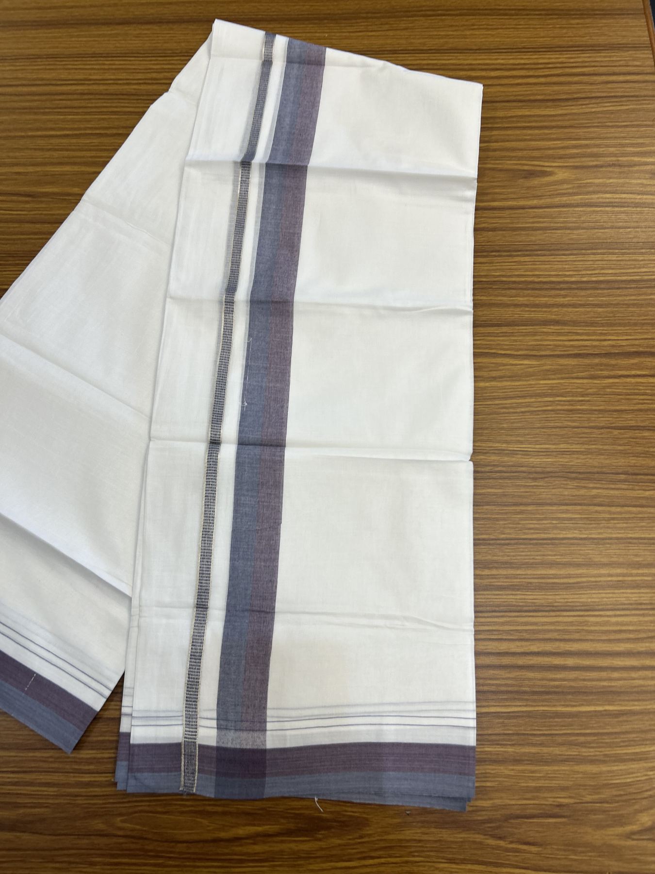 20% Discount! KaithariKada Balaramapuram 100% Cotton Double Pure white Mundu/Dhoti - 100X80 - 1.25 inch Silver Kasav Ash Blue & Purple shaded kara - 4 mtr ( 8.5 muzham) - 91 KK5341 VIN
