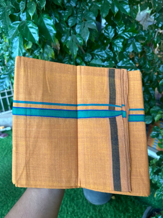 Handloom Single Hallmarked - 10% Discount !! KaithariKada 100% Pure Cotton - Mundu/Dhoti 0.5 inch Green & Blue Kara with Kavi colour Body - (2 meter / 4 muzham) - 22 KK8032 ELA