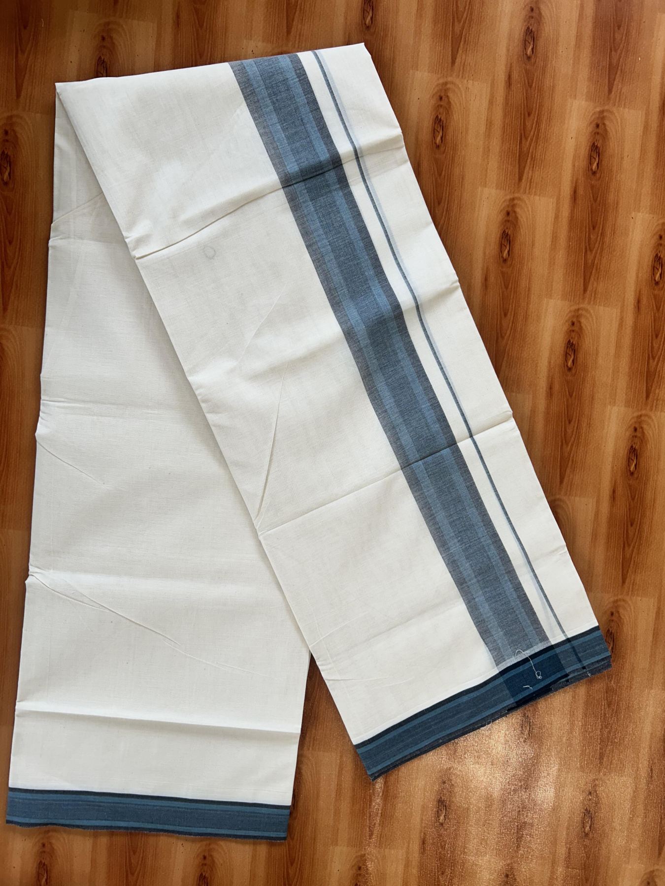 Double Off White (Unbleached) Mundu/Dhoti - 20% Discount! KaithariKada Pure Cotton - 100X80 - 2 inch Peacock Blue  & Black Shaded Striped Kara 4 mtr (8.5 Muzham) - 72 KK5452 THI