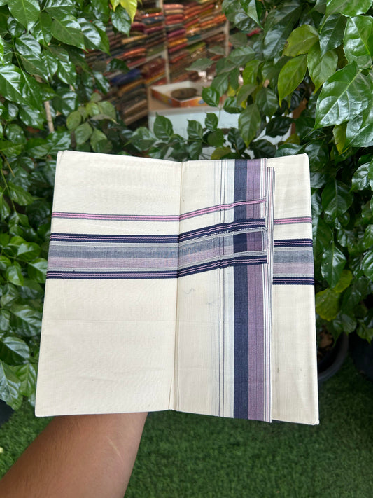 20% Discount ! KaithariKada Balaramapuram 100% Cotton Double Off White (Unbleached) - Mundu / Dhoti- 100x80 -  1.5 inch Navy Blue & Pink Shaded Striped Kara 4 mtr (8.5 Muzham) - 14 KK5363 VIN