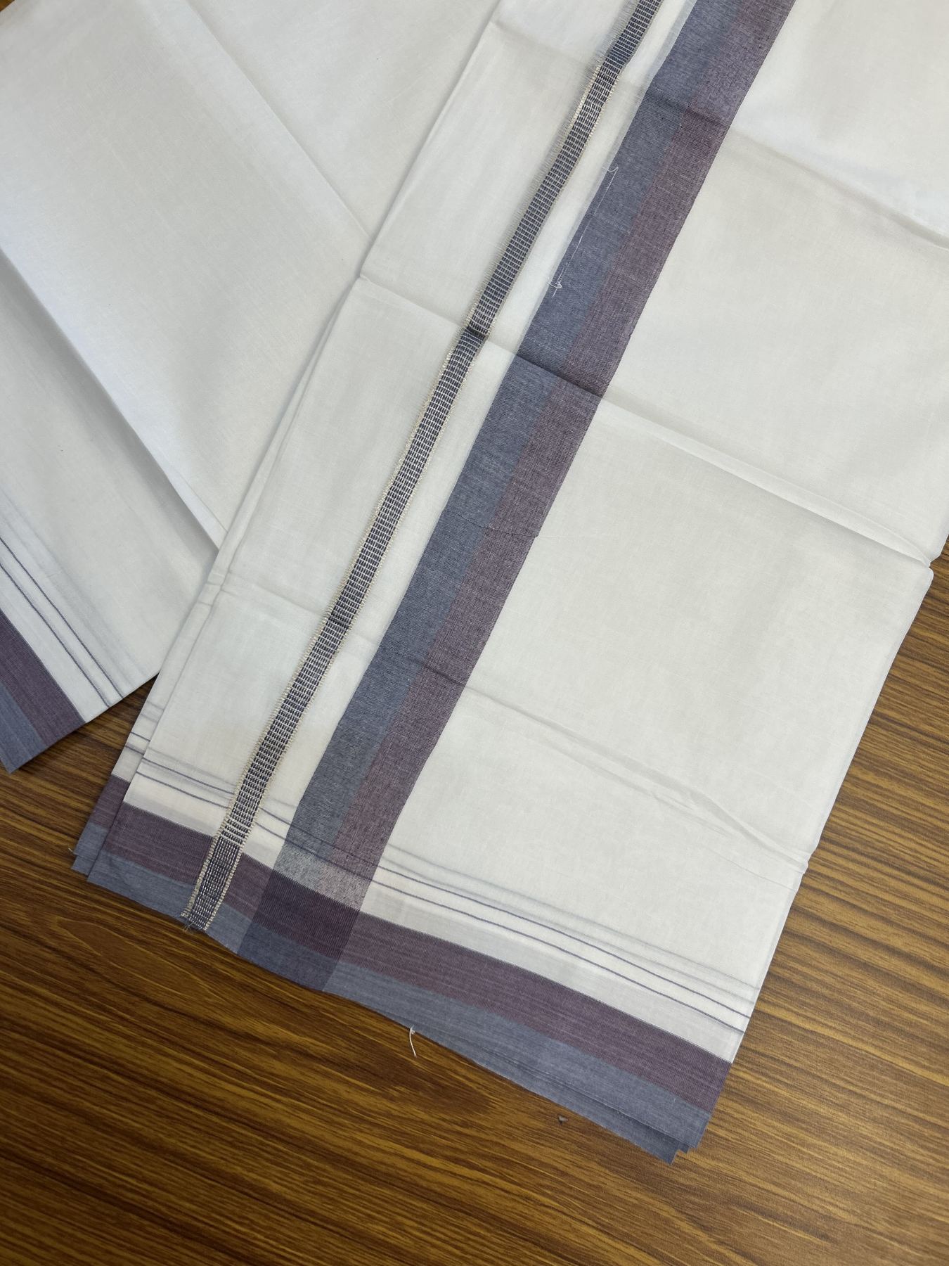 20% Discount! KaithariKada Balaramapuram 100% Cotton Double Pure white Mundu/Dhoti - 100X80 - 1.25 inch Silver Kasav Ash Blue & Purple shaded kara - 4 mtr ( 8.5 muzham) - 91 KK5341 VIN