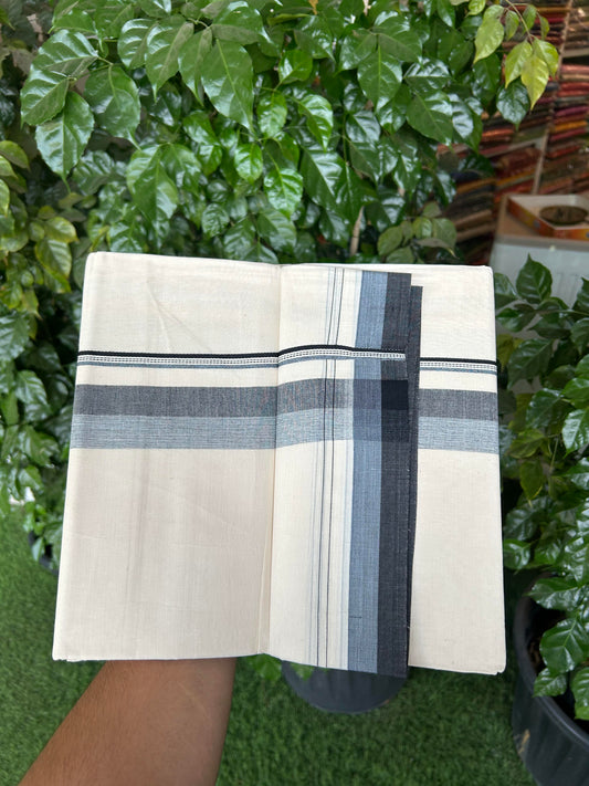 20% Discount ! KaithariKada Balaramapuram 100% Cotton Double Off White (Unbleached) - Mundu / Dhoti- 100x80 -  1.25 inch Blue & Black Shaded Kara 4 mtr (8.5 Muzham) - 9 KK5363 VIN