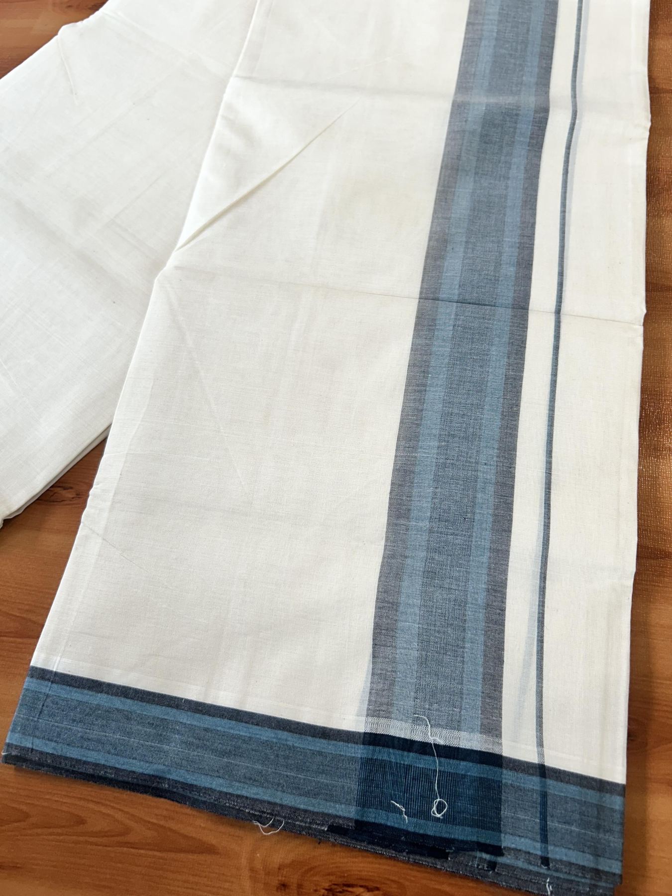 Double Off White (Unbleached) Mundu/Dhoti - 20% Discount! KaithariKada Pure Cotton - 100X80 - 2 inch Peacock Blue  & Black Shaded Striped Kara 4 mtr (8.5 Muzham) - 72 KK5452 THI