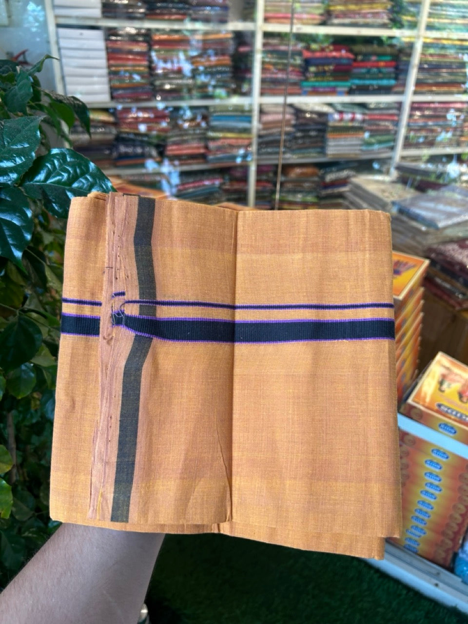 Handloom Single Hallmarked - 10% Discount !! KaithariKada 100% Pure Cotton - Mundu/Dhoti 0.5 inch Black & Violet Kara with Kavi colour Body - (2 meter / 4 muzham) - 27 KK8032 ELA