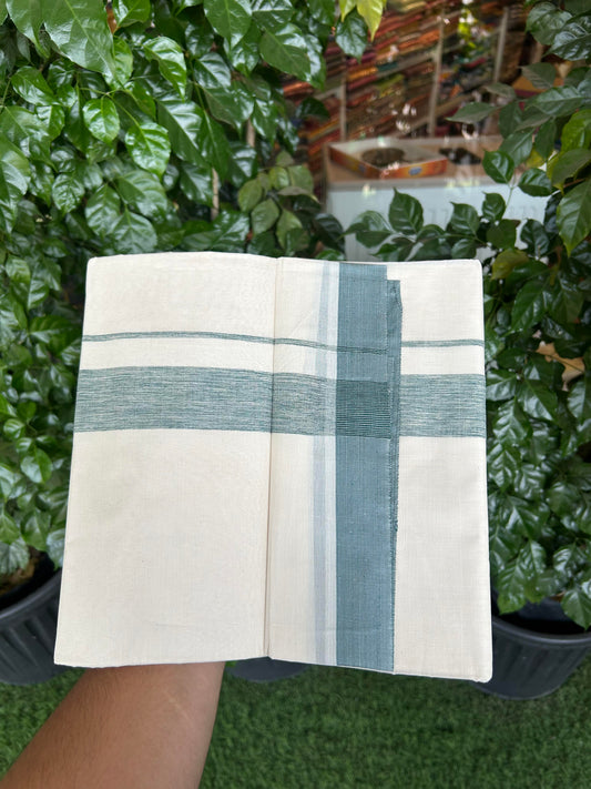 20% Discount ! KaithariKada Balaramapuram 100% Cotton Double Off White (Unbleached) - Mundu / Dhoti- 100x80 -  1.5 inch Dark Green Shaded Kara 4 mtr (8.5 Muzham) - 5 KK5363 VIN