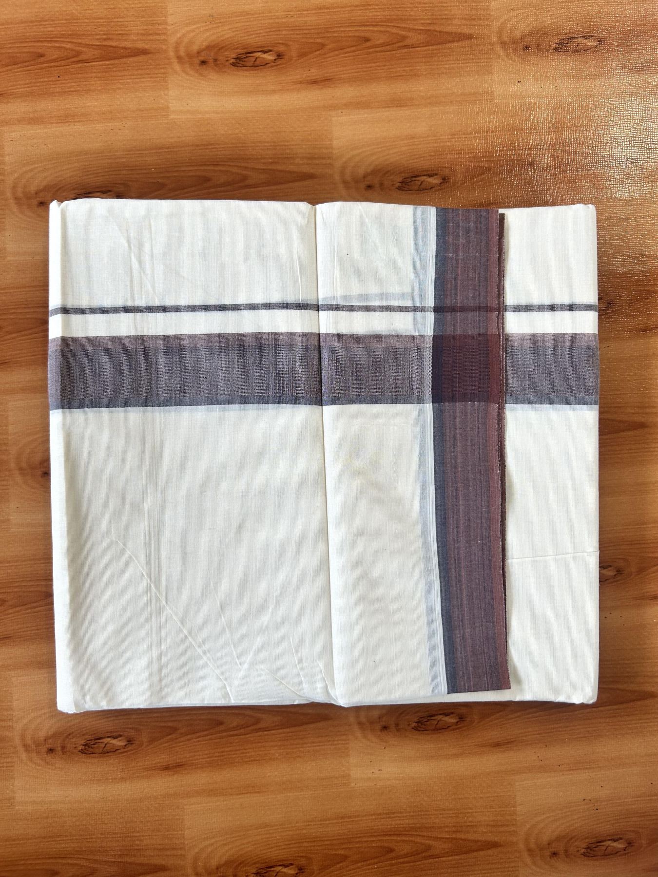 Double Off White (Unbleached) Mundu/Dhoti - 20% Discount! KaithariKada Pure Cotton - 100X80 - 1.5 inch Brown & Light Brown Shaded Striped Kara 4 mtr (8.5 Muzham) - 79 KK5452 THI