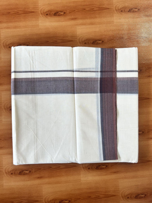 Double Off White (Unbleached) Mundu/Dhoti - 20% Discount! KaithariKada Pure Cotton - 100X80 - 1.5 inch Brown & Light Brown Shaded Striped Kara 4 mtr (8.5 Muzham) - 79 KK5452 THI