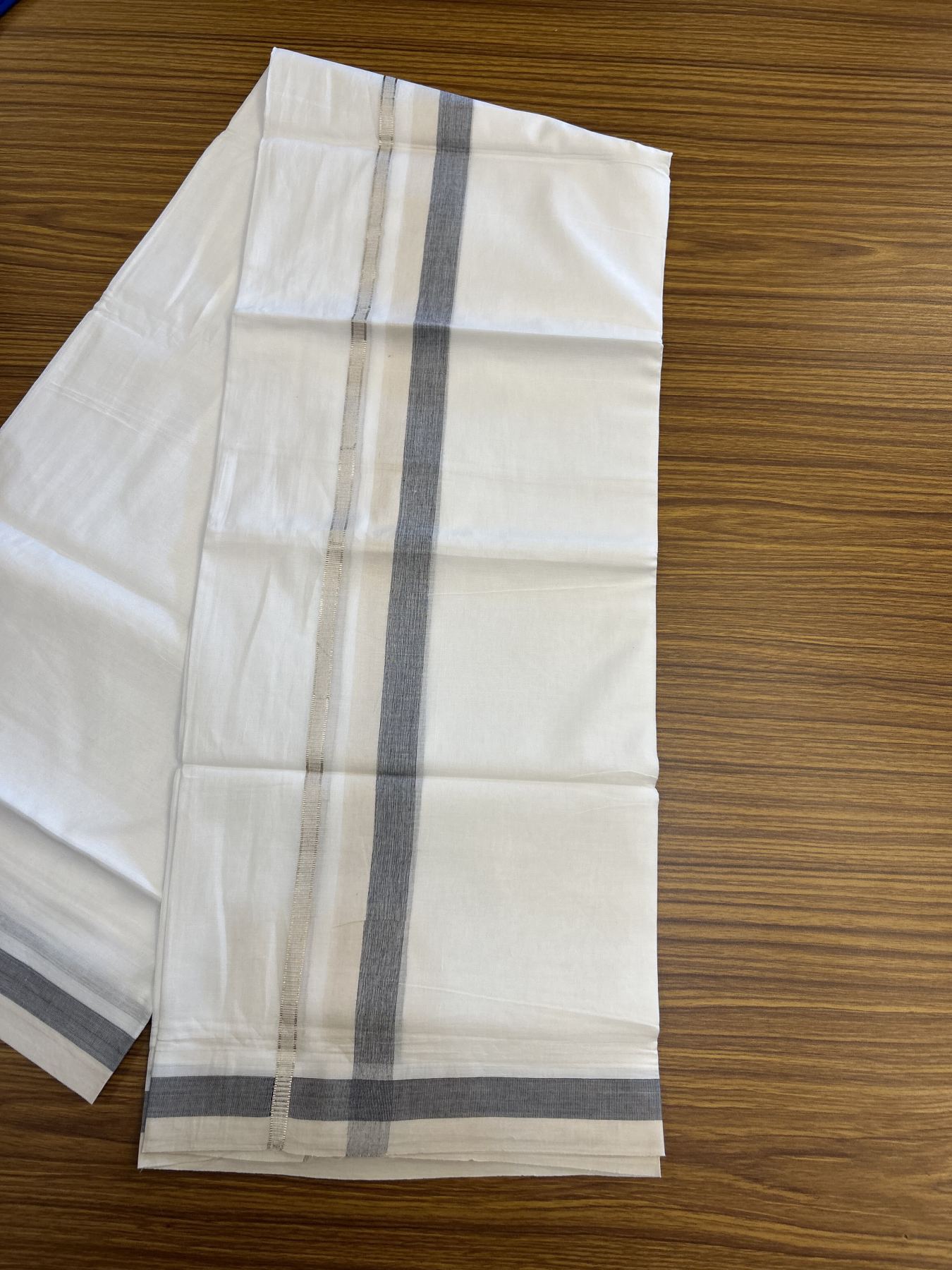 20% Discount! KaithariKada Balaramapuram 100% Cotton Double Pure white Mundu/Dhoti - 100X80 - 1.25 inch Silver Kasav Navy Blue & Light Sand Brown shaded kara - 4 mtr ( 8.5 muzham) - 86 KK5341 VIN