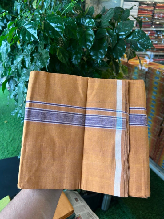 Handloom Single Hallmarked - 10% Discount !! KaithariKada 100% Pure Cotton - Mundu/Dhoti 1 inch White & Violet shaded Kara with Kavi colour Body - (2 meter / 4 muzham) - 32 KK8032 ELA