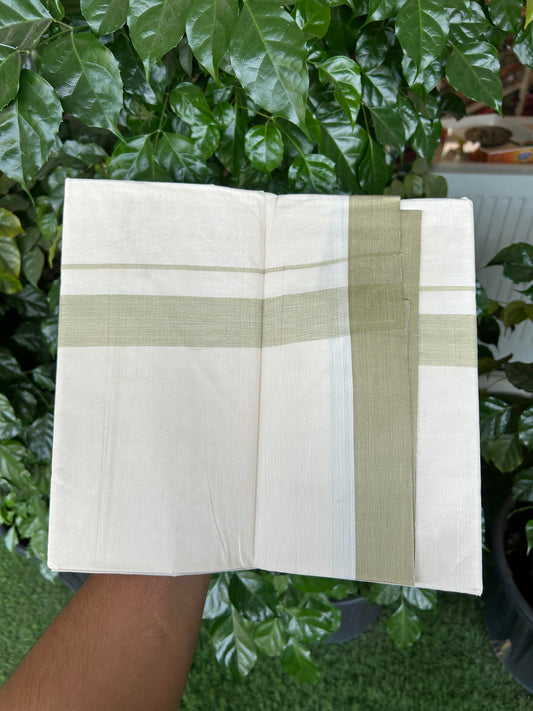 20% Discount ! KaithariKada Balaramapuram 100% Cotton Double Off White (Unbleached) - Mundu / Dhoti- 100x80 -  1.5 inch Light Pista Green Shaded Kara 4 mtr (8.5 Muzham) - 4 KK5363 VIN