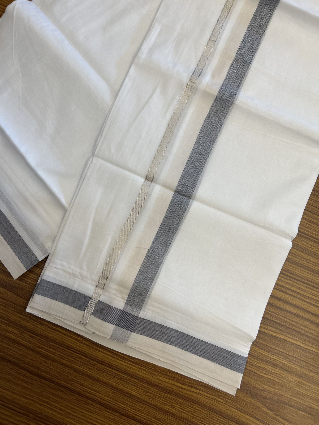 20% Discount! KaithariKada Balaramapuram 100% Cotton Double Pure white Mundu/Dhoti - 100X80 - 1.25 inch Silver Kasav Navy Blue & Light Sand Brown shaded kara - 4 mtr ( 8.5 muzham) - 86 KK5341 VIN