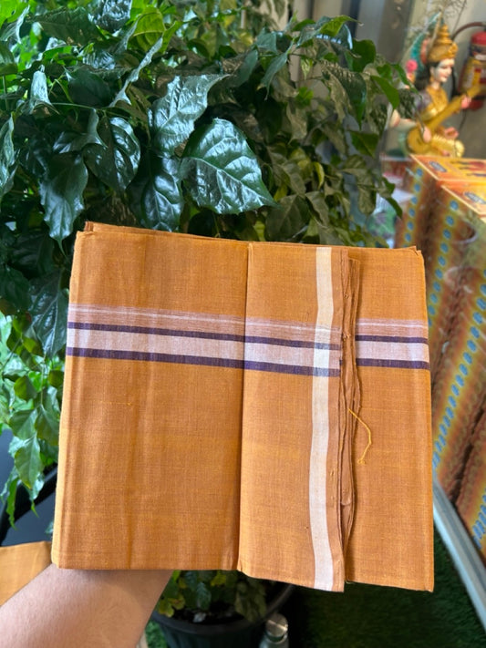 Handloom Single Hallmarked - 10% Discount !! KaithariKada 100% Pure Cotton - Mundu/Dhoti 1.5 inch White & Violet shaded Kara with Kavi colour Body - (2 meter / 4 muzham) - 31 KK8032 ELA
