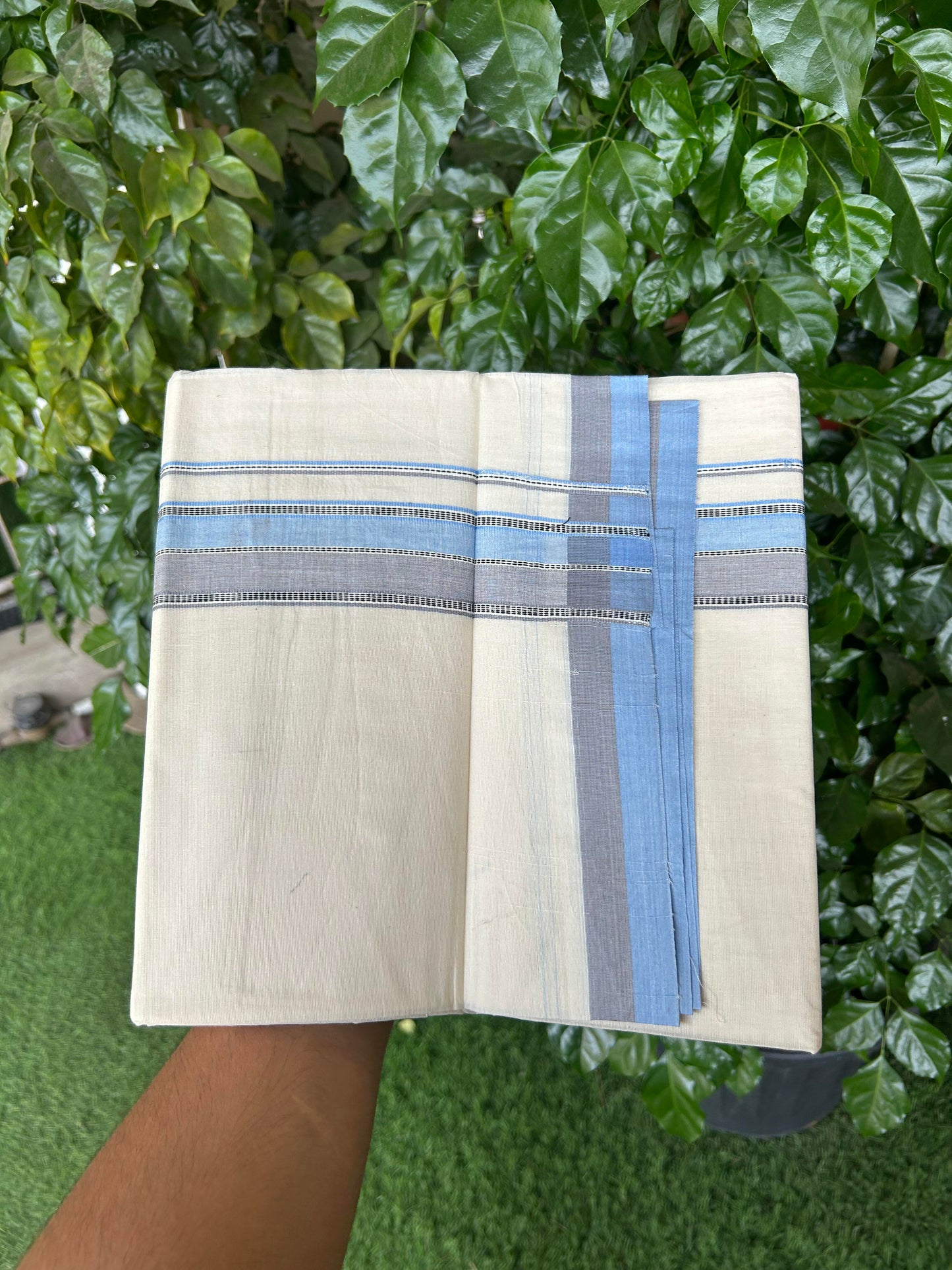 20% Discount ! KaithariKada Balaramapuram 100% Cotton Double Off White (Unbleached) - Mundu / Dhoti- 100x80 -  1.5 inch Blue & Ash Grey Shaded Striped Kara 4 mtr (8.5 Muzham) - 19 KK5363 VIN