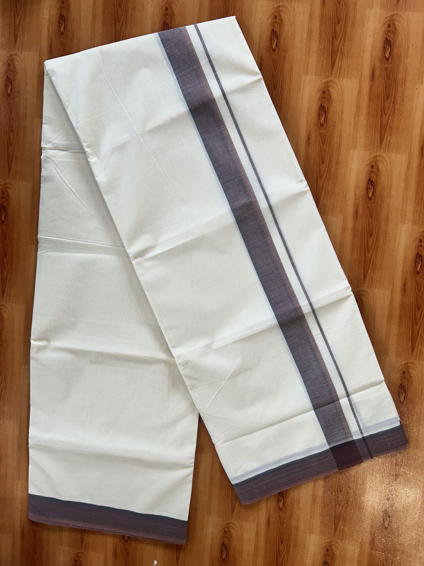 Double Off White (Unbleached) Mundu/Dhoti - 20% Discount! KaithariKada Pure Cotton - 100X80 - 1.5 inch Brown & Light Brown Shaded Striped Kara 4 mtr (8.5 Muzham) - 79 KK5452 THI