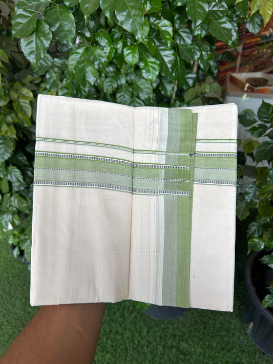 20% Discount ! KaithariKada Balaramapuram 100% Cotton Double Off White (Unbleached) - Mundu / Dhoti- 100x80 -  1.5 inch Black Pista Green & Mint Green Shaded Striped Kara 4 mtr (8.5 Muzham) - 20 KK5363 VIN