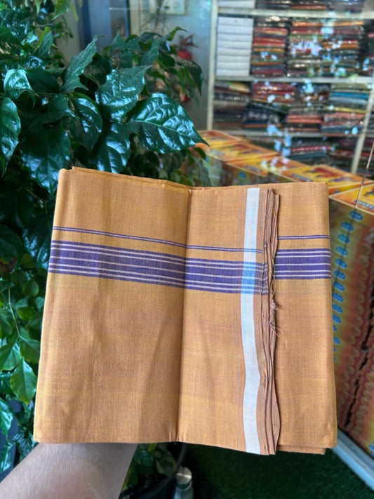 Handloom Single Hallmarked - 10% Discount !! KaithariKada 100% Pure Cotton - Mundu/Dhoti 1 inch Violet striped Kara with Kavi colour Body - (2 meter / 4 muzham) - 35 KK8032 ELA