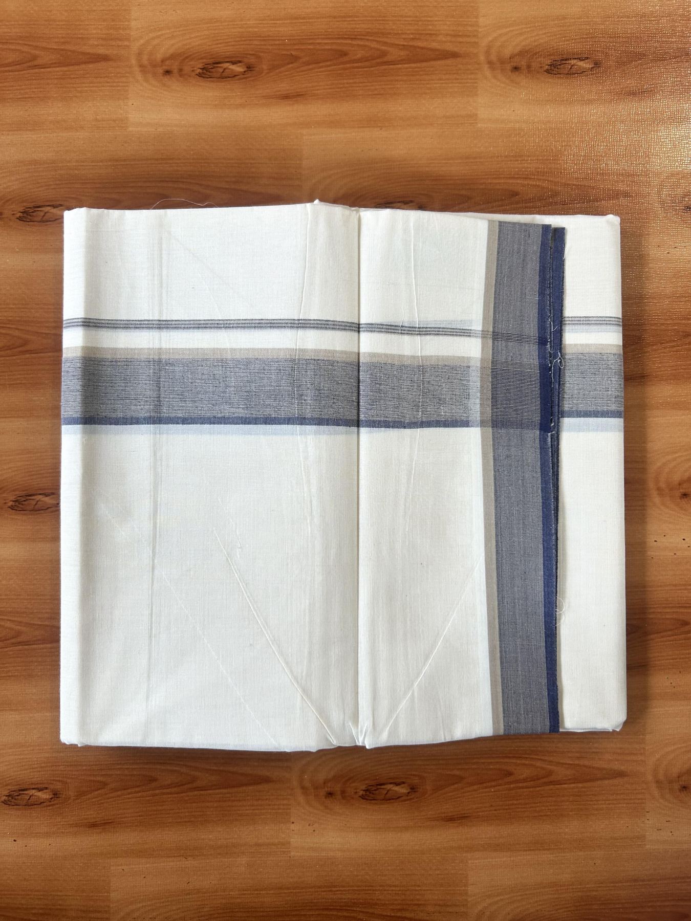Double Off White (Unbleached) Mundu/Dhoti - 20% Discount! KaithariKada Pure Cotton - 100X80 - 1.5 inch Beige & Navy Blue Shaded Striped Kara 4 mtr (8.5 Muzham) - 80 KK5452 THI