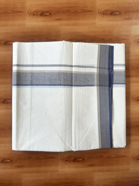 Double Off White (Unbleached) Mundu/Dhoti - 20% Discount! KaithariKada Pure Cotton - 100X80 - 1.5 inch Beige & Navy Blue Shaded Striped Kara 4 mtr (8.5 Muzham) - 80 KK5452 THI