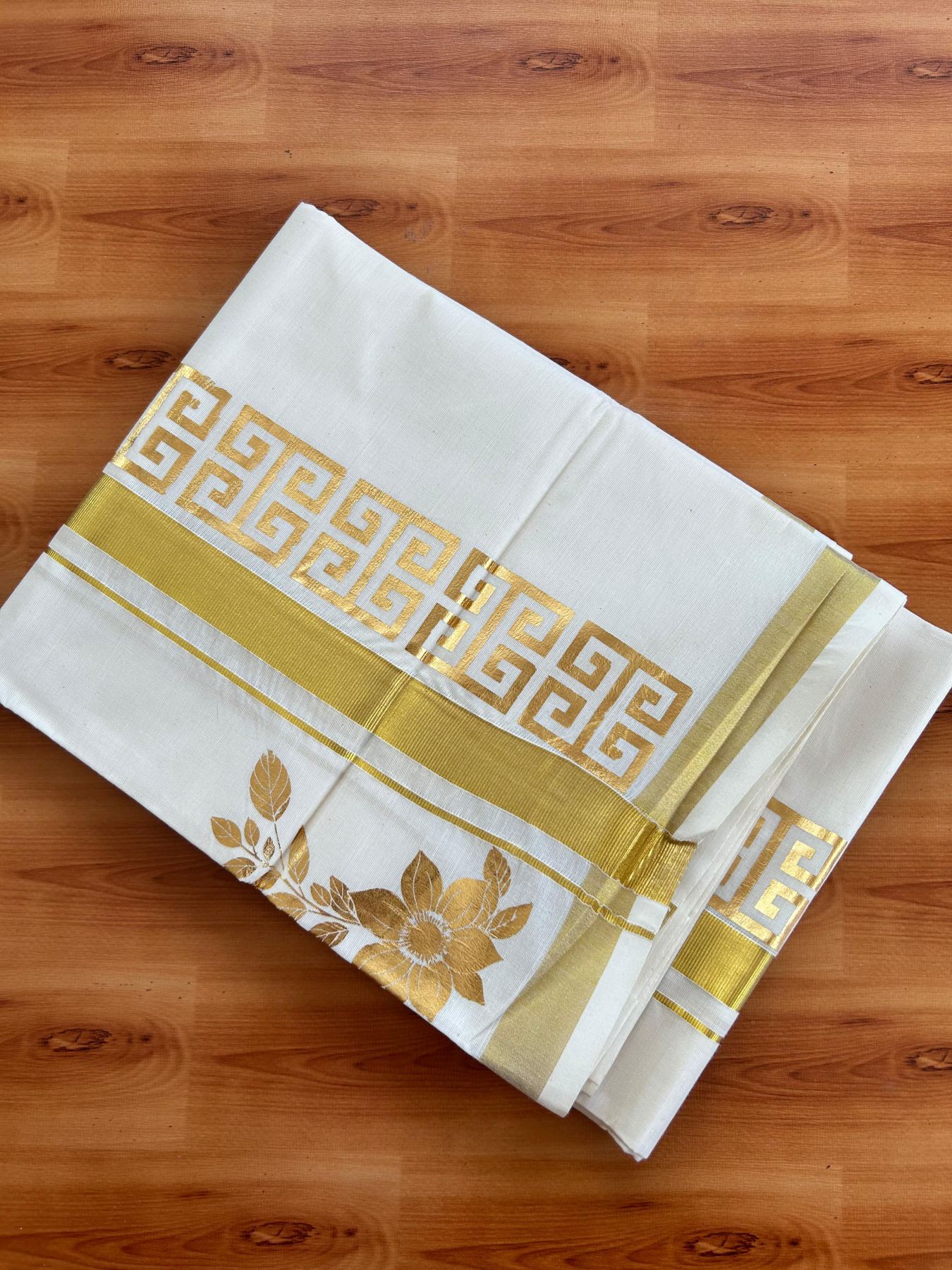 Double Off White (Unbleached) Mundu/Dhoti - 20% Discount!! KaithariKada Mixed Cotton (60s) - 3 inch Gold Kasav Printed Designer Kara 4 mtr (8.5 Muzham) - 1 KK5487 CKS