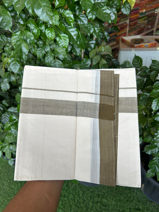 20% Discount ! KaithariKada Balaramapuram 100% Cotton Double Off White (Unbleached) - Mundu / Dhoti- 100x80 -  1.5 inch Black & Mustard Shaded Kara 4 mtr (8.5 Muzham) - 3 KK5363 VIN