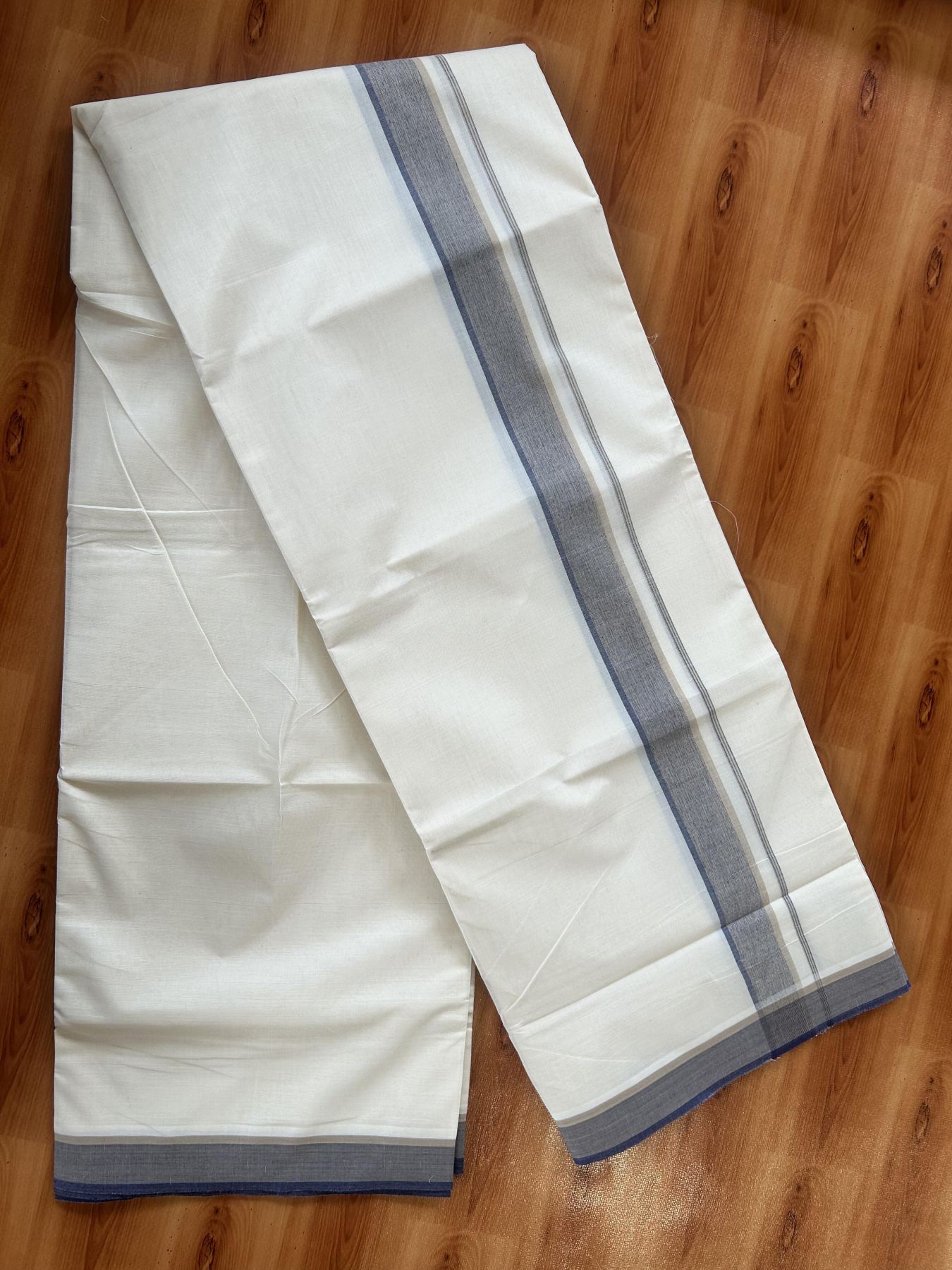 Double Off White (Unbleached) Mundu/Dhoti - 20% Discount! KaithariKada Pure Cotton - 100X80 - 1.5 inch Beige & Navy Blue Shaded Striped Kara 4 mtr (8.5 Muzham) - 80 KK5452 THI
